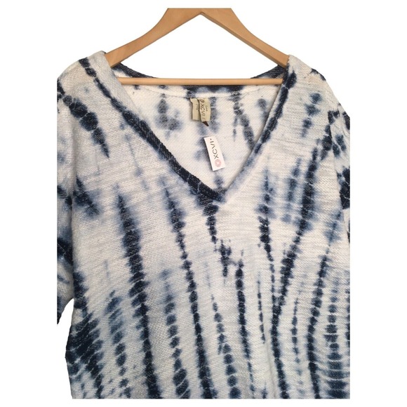 New XCVI Top Womens L Tie Dye Tunic Boho V Neck Short Sleeve Textured Knit Blue - Picture 3 of 14